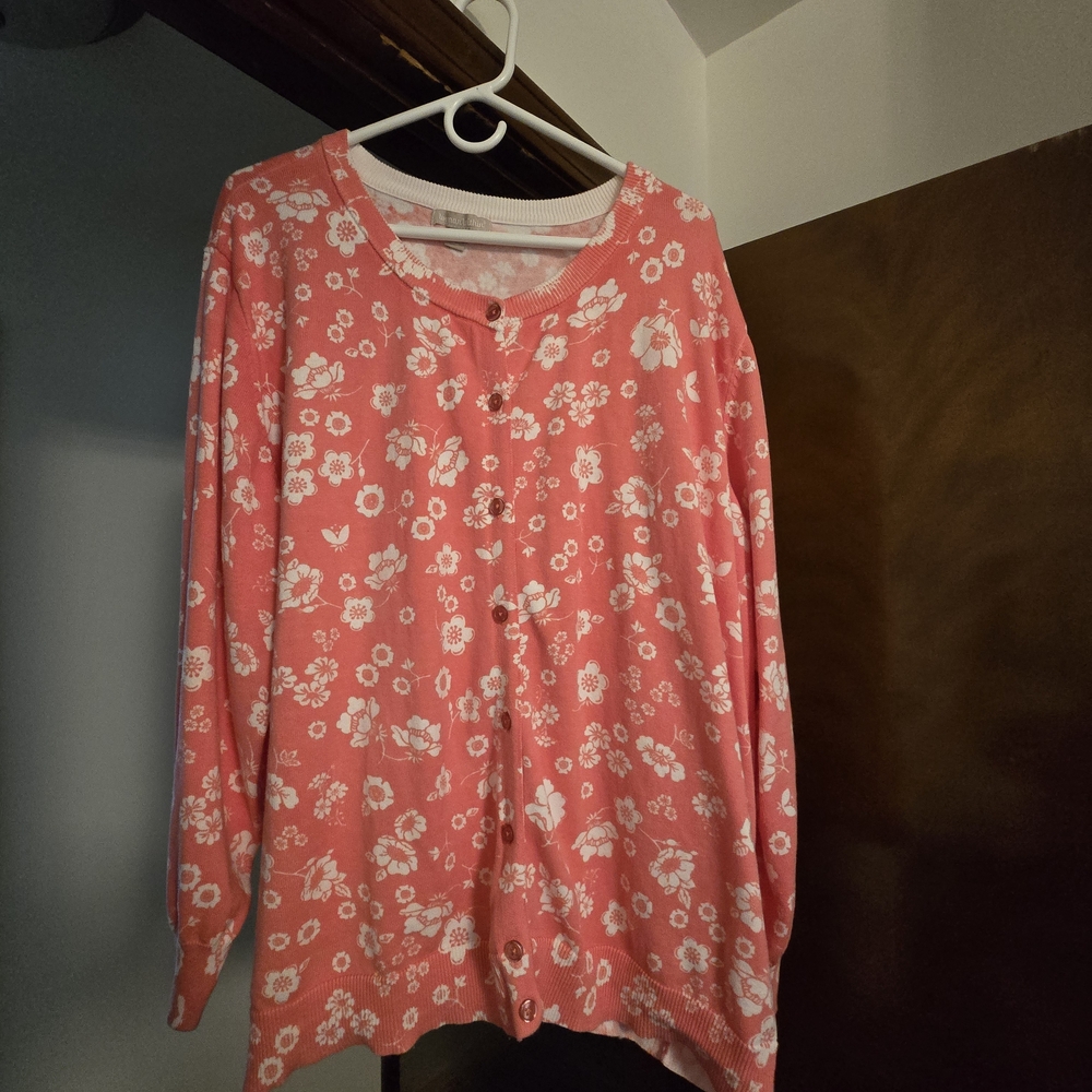 Woman Within Pink Floral Cardigan